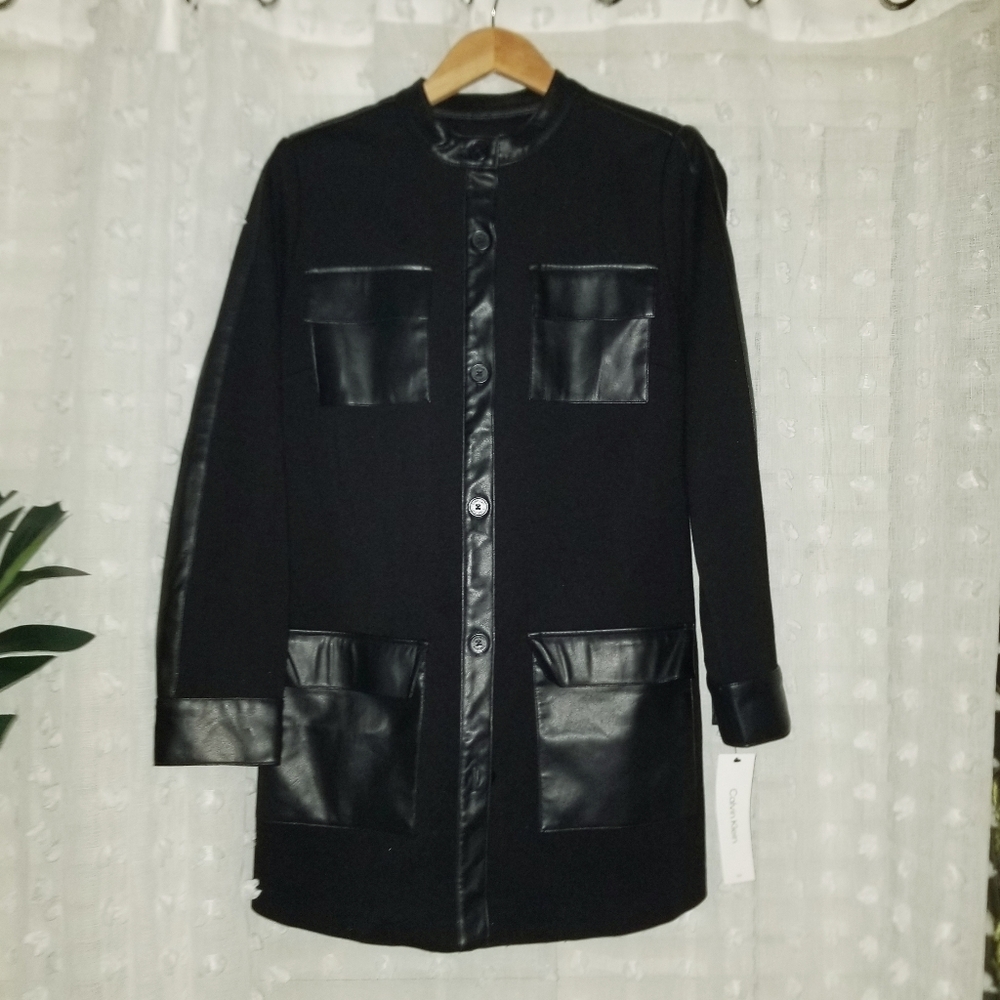 Calvin Klein Women's Black Blazer with Faux Leather Trim